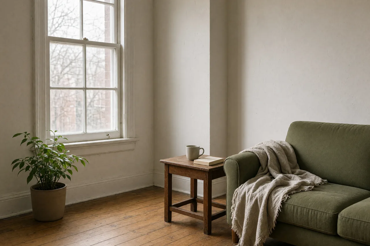 Soft daylight in an everyday living room with an olive sofa, wood floor and a plant by the window.