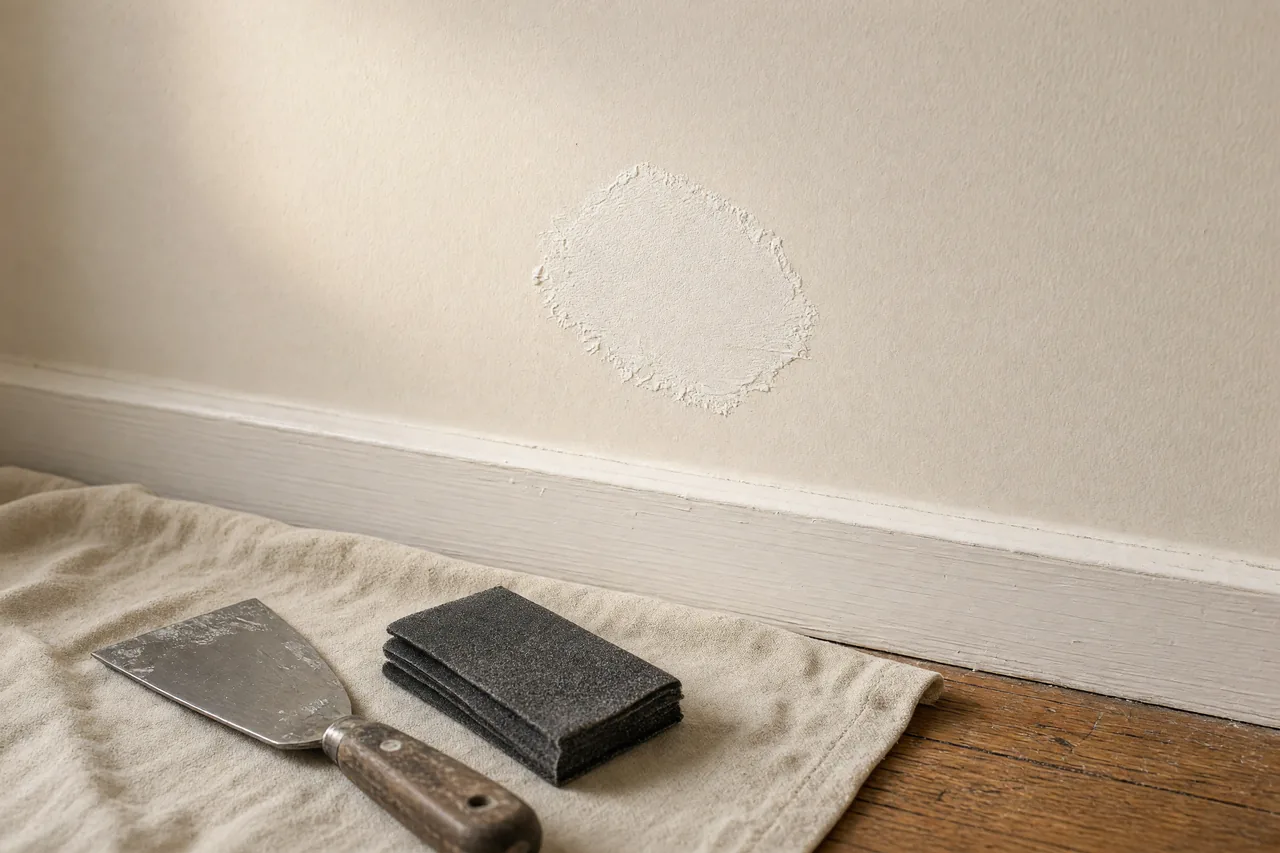 A small drywall patch above a white baseboard, with a taping knife and sanding sponge on a protective drop cloth.